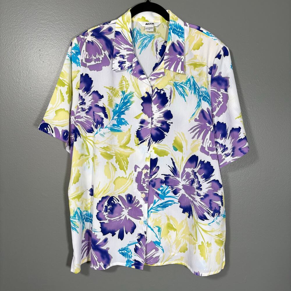 Alia Purple & Yellow Floral Hawaiian Button Up Shirt - 18 - Women's Plus Size